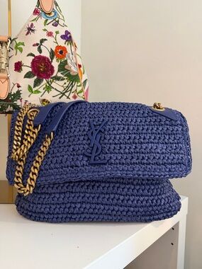 Saint Laurent Blue Woven Raffia Shoulder Bag